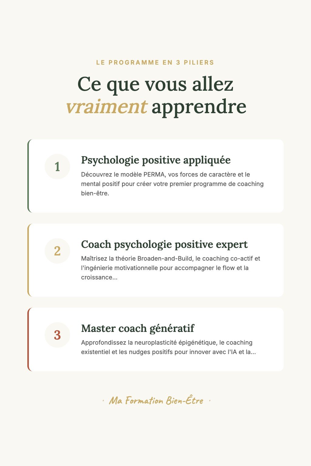 Les 3 piliers du programme · Coaching en Psychologie Positive : De la Pratique Personnelle à l'Excellence Professionnelle