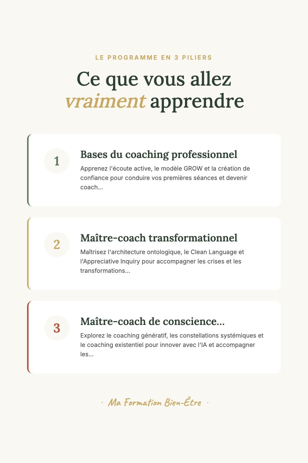 Les 3 piliers du programme · Devenez Maître-Coach Certifié : De la Pratique Personnelle à la Transmission d'Excellence