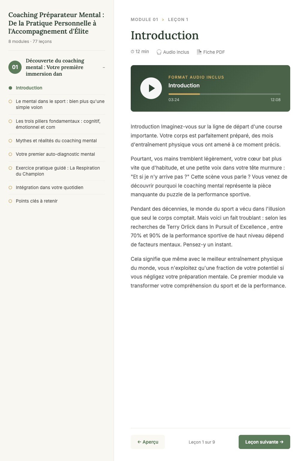 Aperçu d'une leçon · Coaching Préparateur Mental : De la Pratique Personnelle à l'Accompagnement d'Élite