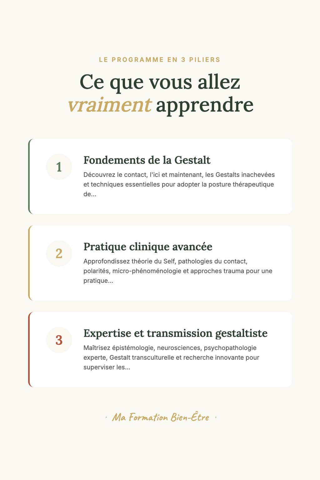Les 3 piliers du programme · Gestalt-Thérapie : De la Pratique Personnelle à la Supervision Experte