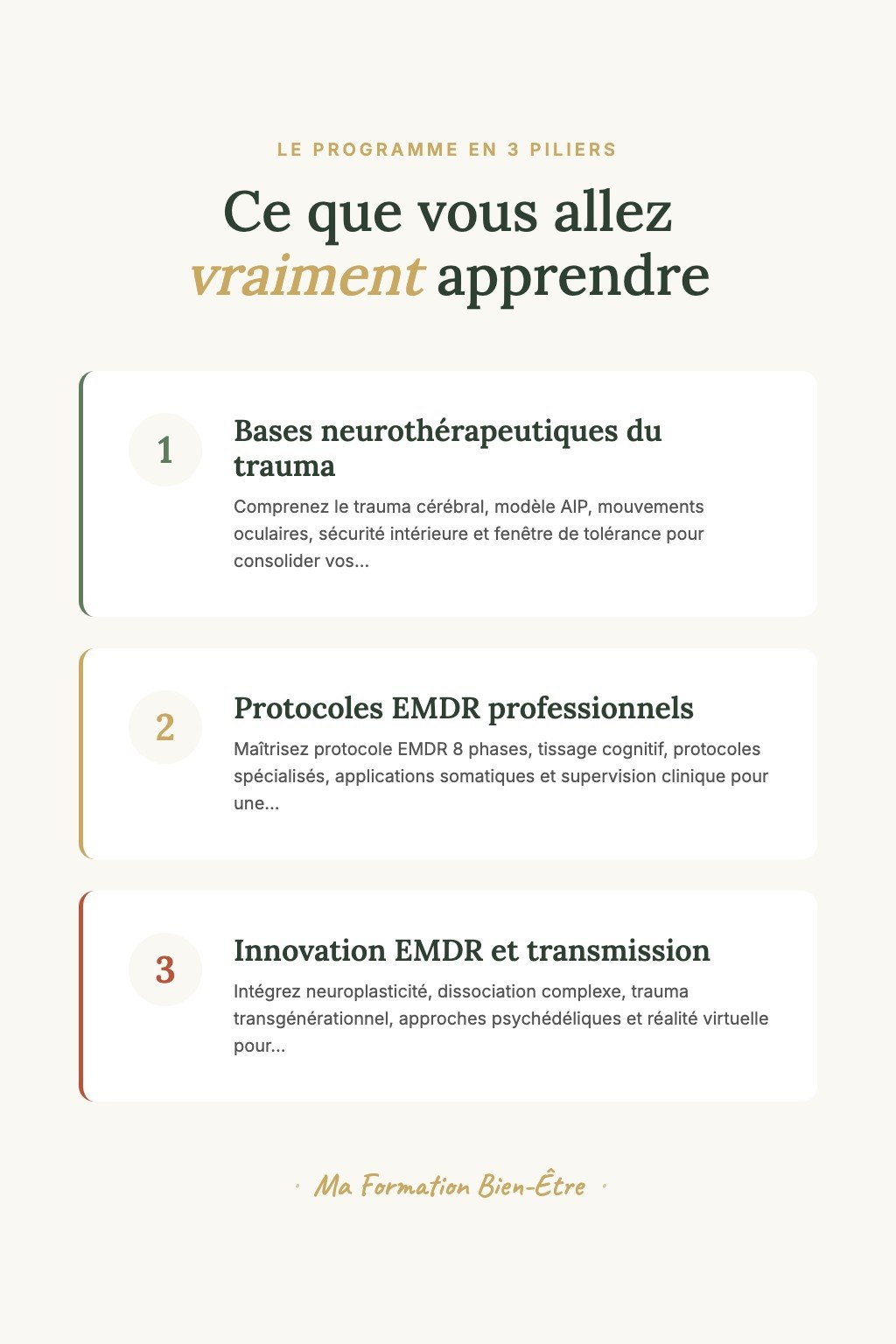 Les 3 piliers du programme · Neurothérapie du Trauma : Devenez Praticien Certifié en Mouvements Alternatifs