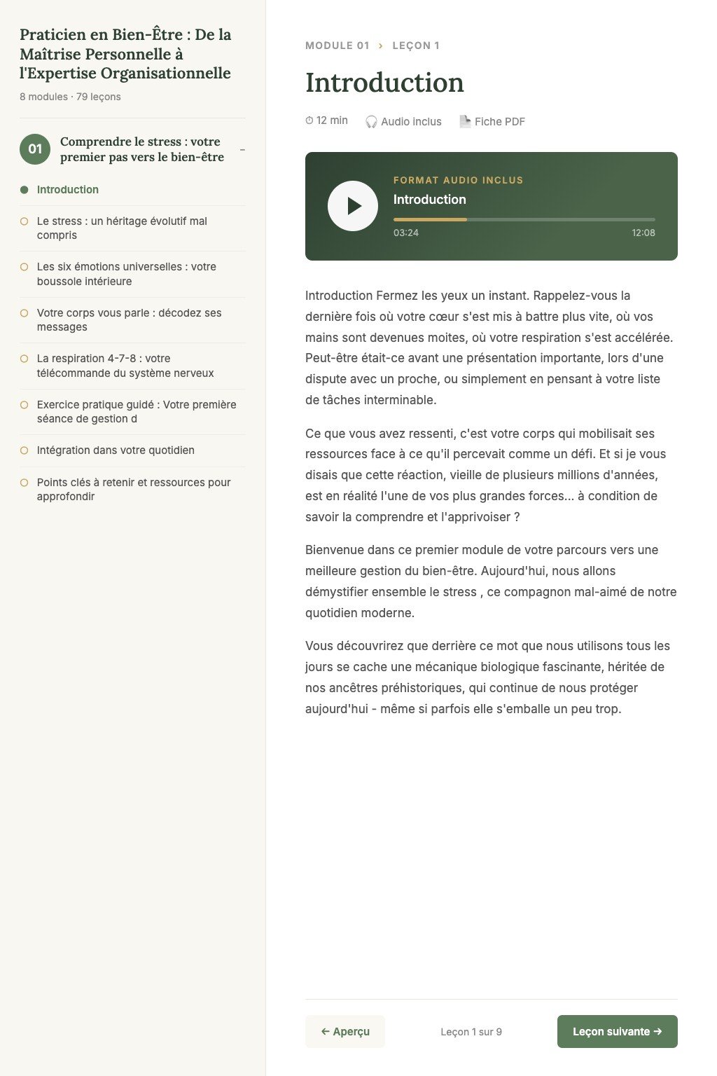 Aperçu d'une leçon · Praticien en Bien-Être : De la Maîtrise Personnelle à l'Expertise Organisationnelle