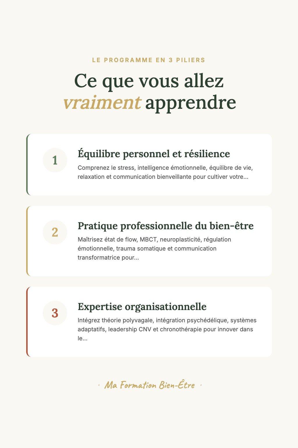 Les 3 piliers du programme · Praticien en Bien-Être : De la Maîtrise Personnelle à l'Expertise Organisationnelle
