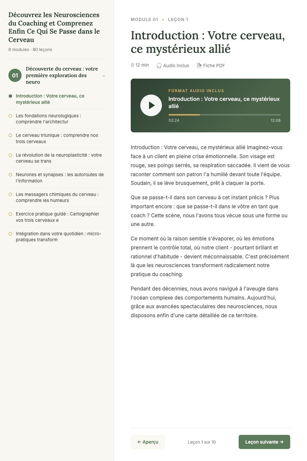 Aperçu d'une leçon · Découvrez les Neurosciences du Coaching et Comprenez Enfin Ce Qui Se Passe dans le Cerveau de Vos Clients