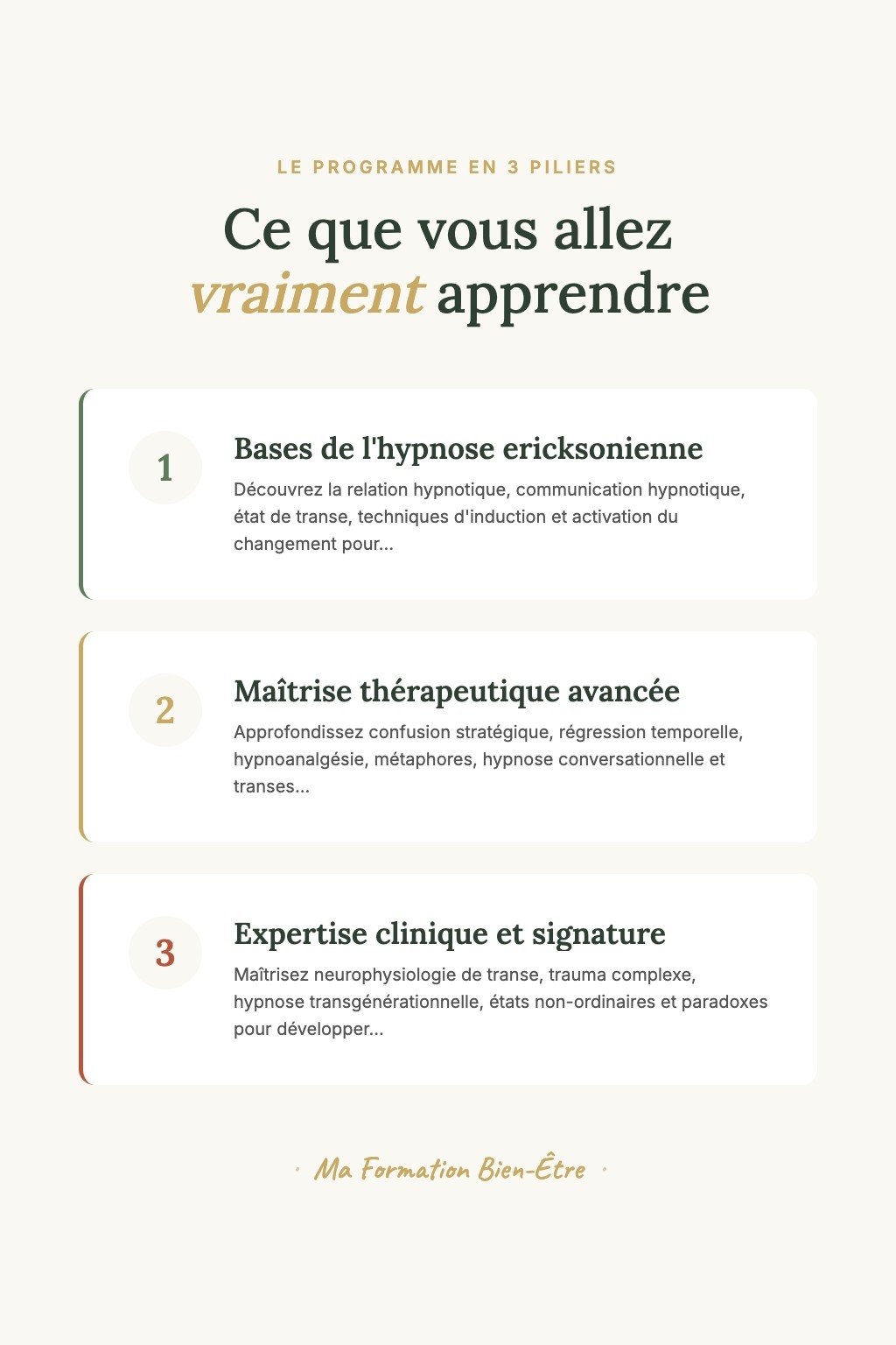 Les 3 piliers du programme · Hypnose Ericksonienne : De la Pratique Personnelle à l'Excellence Thérapeutique