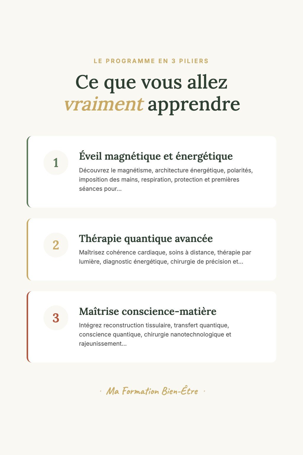 Les 3 piliers du programme · Magnétisme & Énergie Quantique : De la Première Sensation à la Maîtrise Thérapeutique