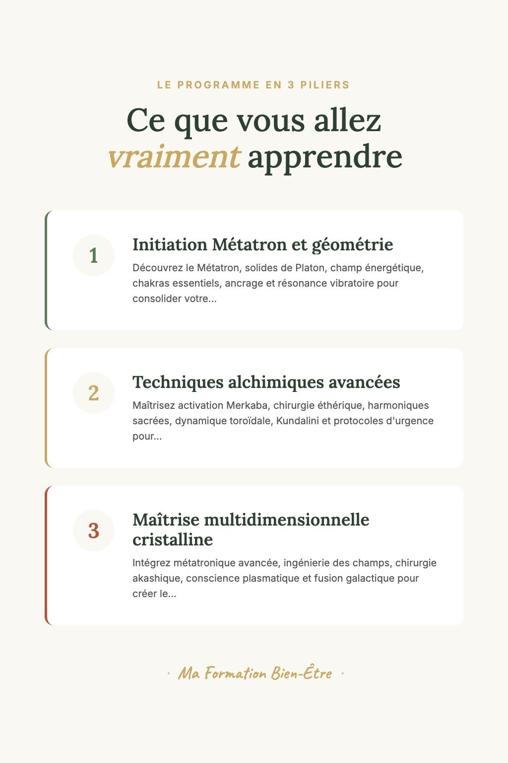 Les 3 piliers du programme · Métatron Énergétique : La Voie du Maître Praticien en 24 Modules