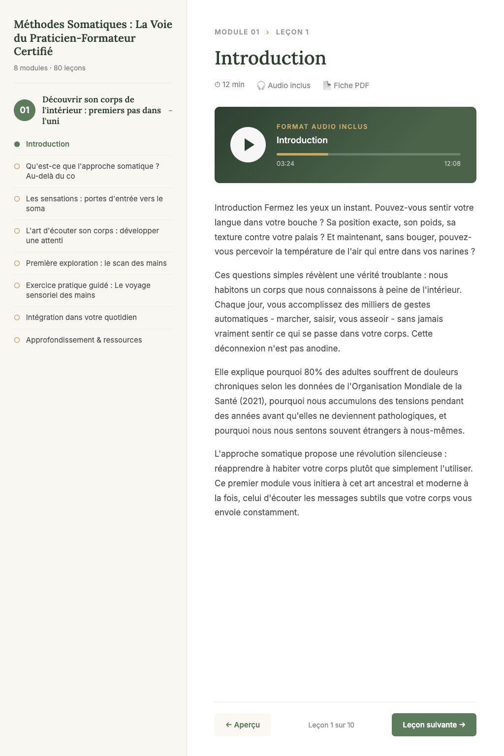Aperçu d'une leçon · Méthodes Somatiques : La Voie du Praticien-Formateur Certifié