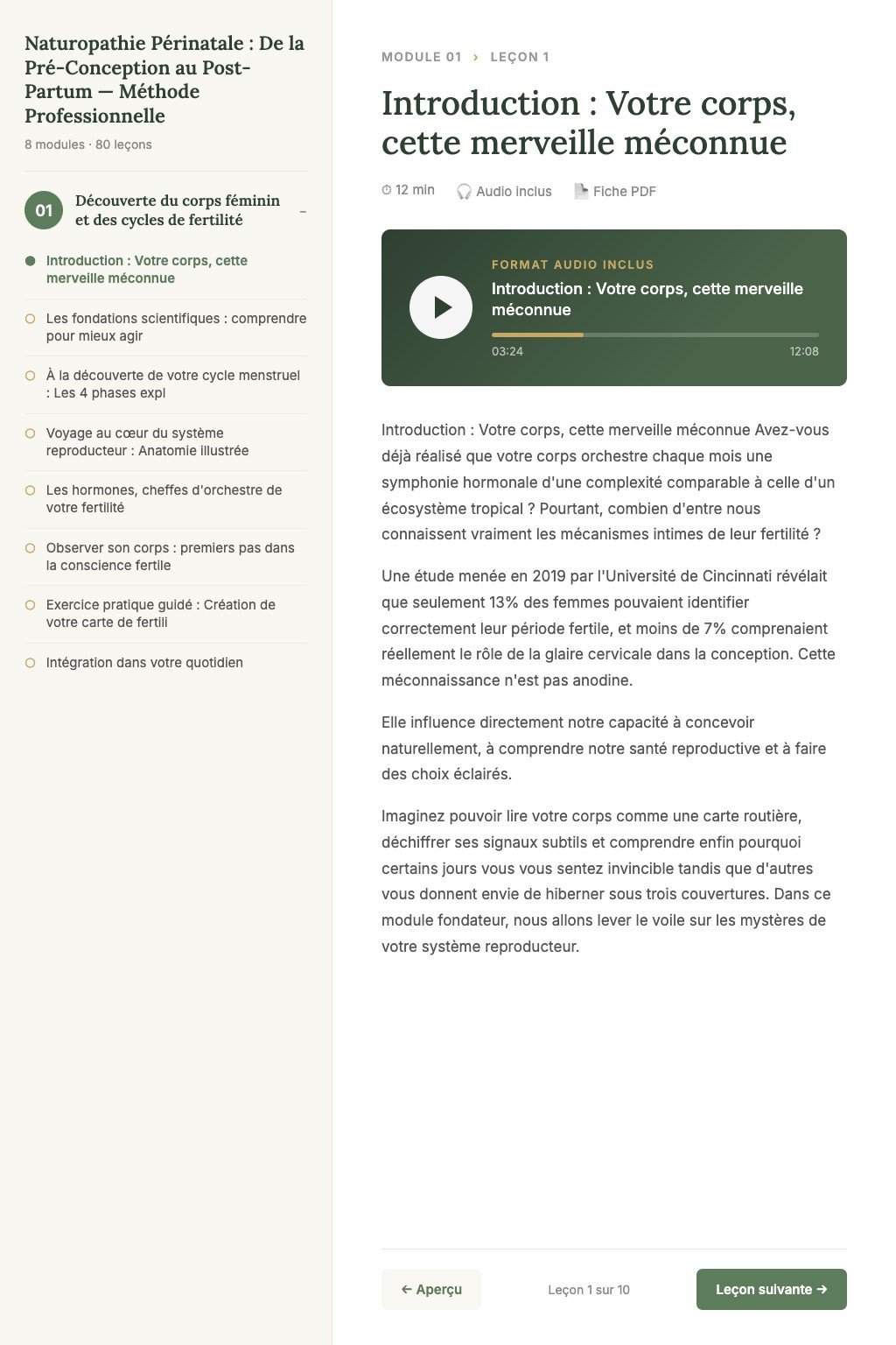 Aperçu d'une leçon · Naturopathie Périnatale : De la Pré-Conception au Post-Partum — Méthode Professionnelle