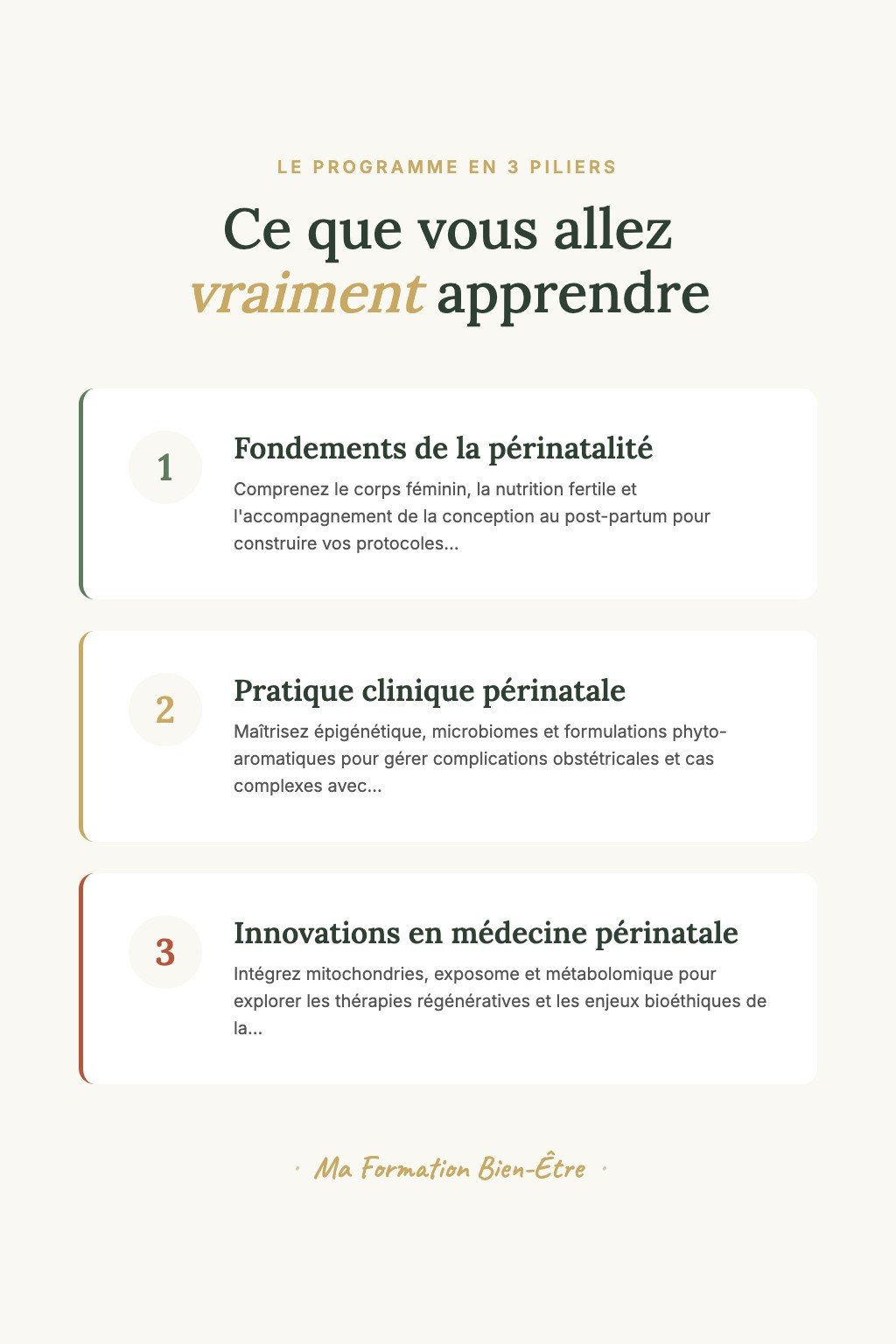 Les 3 piliers du programme · Naturopathie Périnatale : De la Pré-Conception au Post-Partum — Méthode Professionnelle
