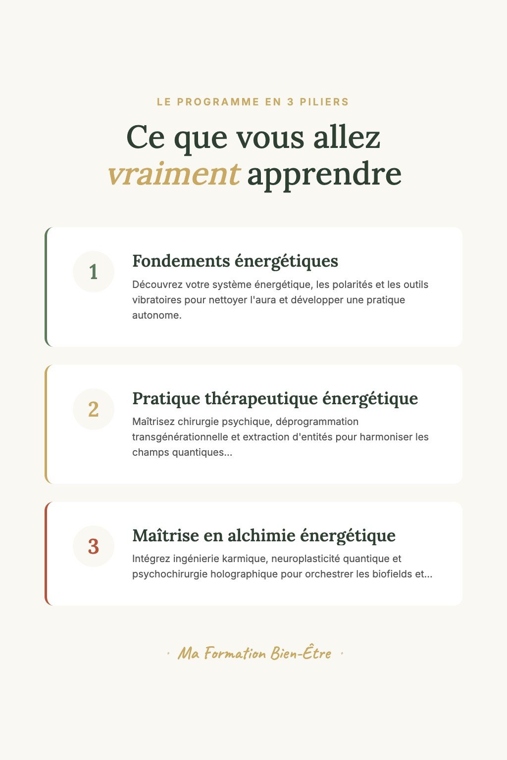 Les 3 piliers du programme · Maître Praticien en Nettoyage Énergétique : 24 Modules vers l'Excellence