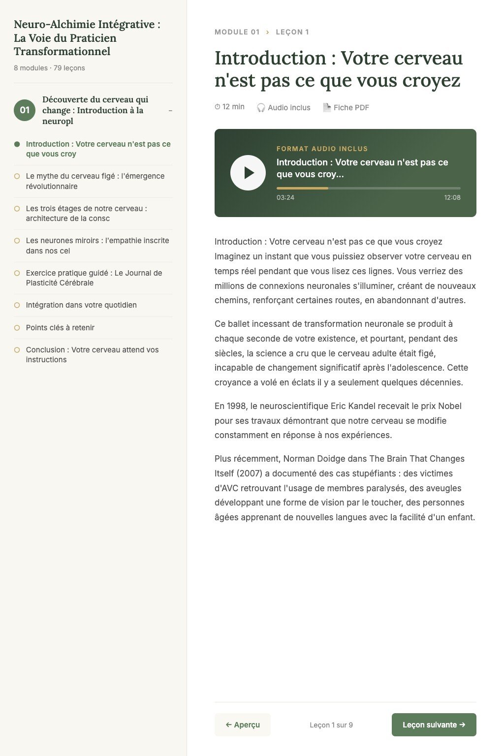 Aperçu d'une leçon · Neuro-Alchimie Intégrative : La Voie du Praticien Transformationnel