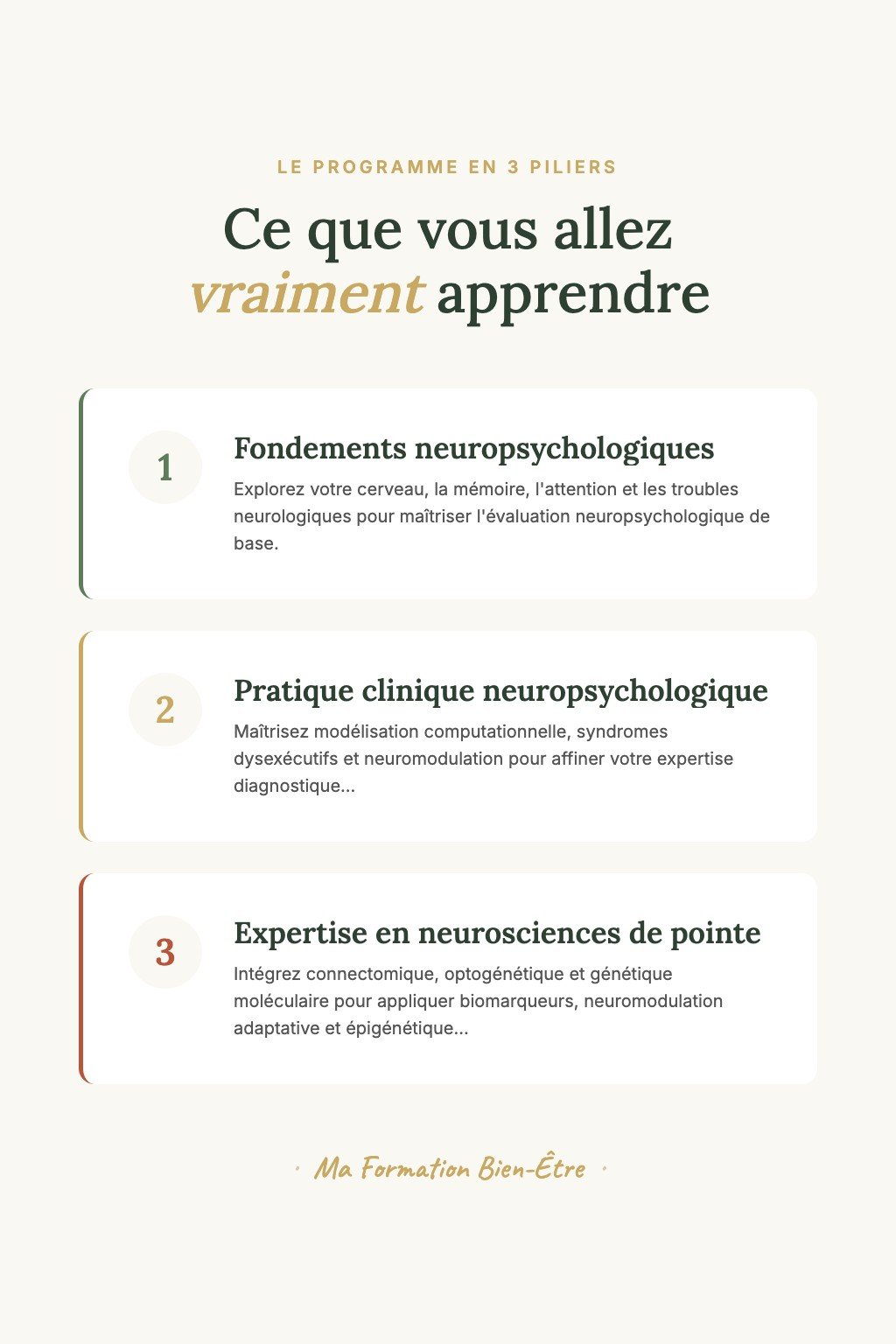 Les 3 piliers du programme · Neuropsychologie Clinique : Du Cerveau aux Protocoles de Pointe