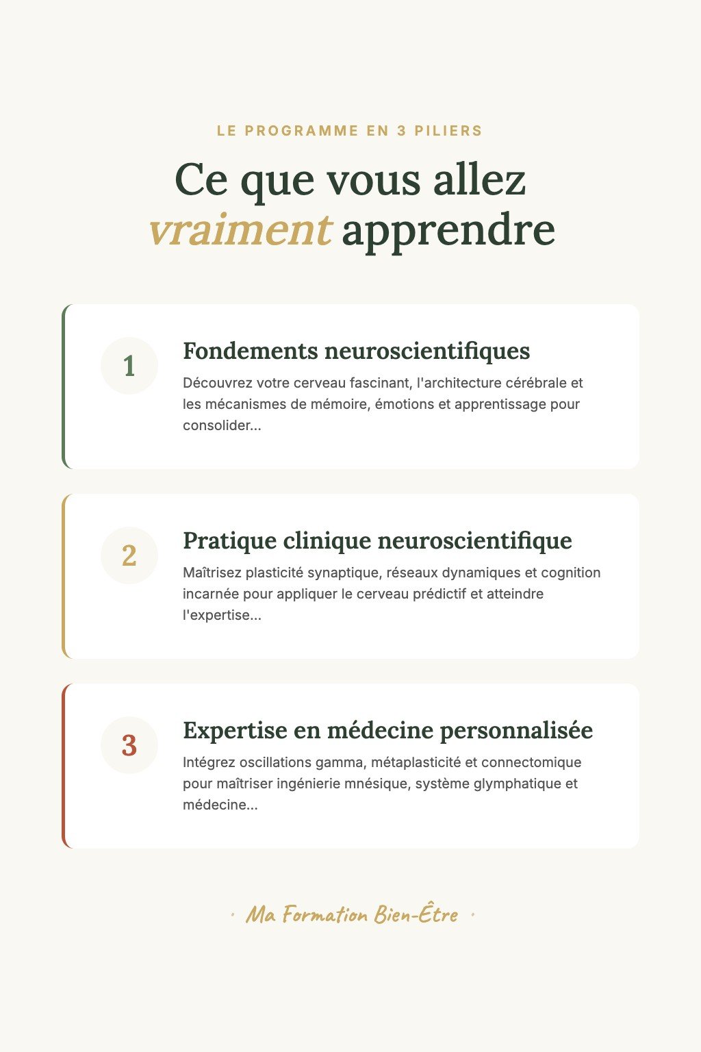 Les 3 piliers du programme · Neurosciences Appliquées : De la Compréhension à la Maîtrise Professionnelle