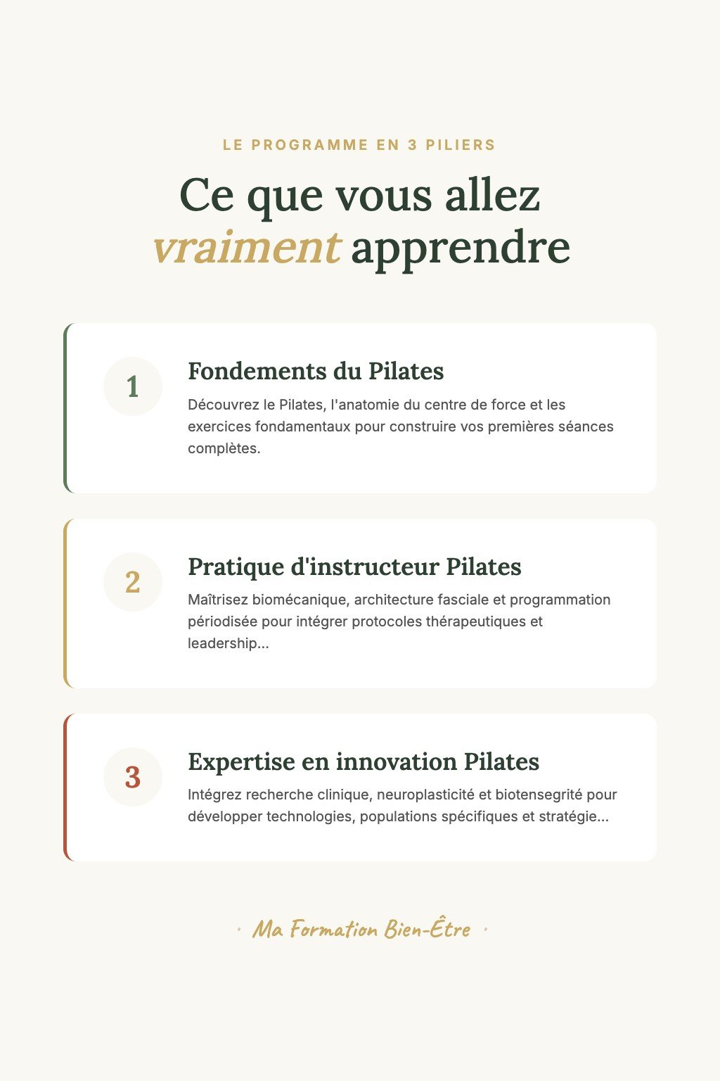Les 3 piliers du programme · Devenez Instructeur Pilates Certifié : De la Pratique Personnelle à la Formation de Pairs