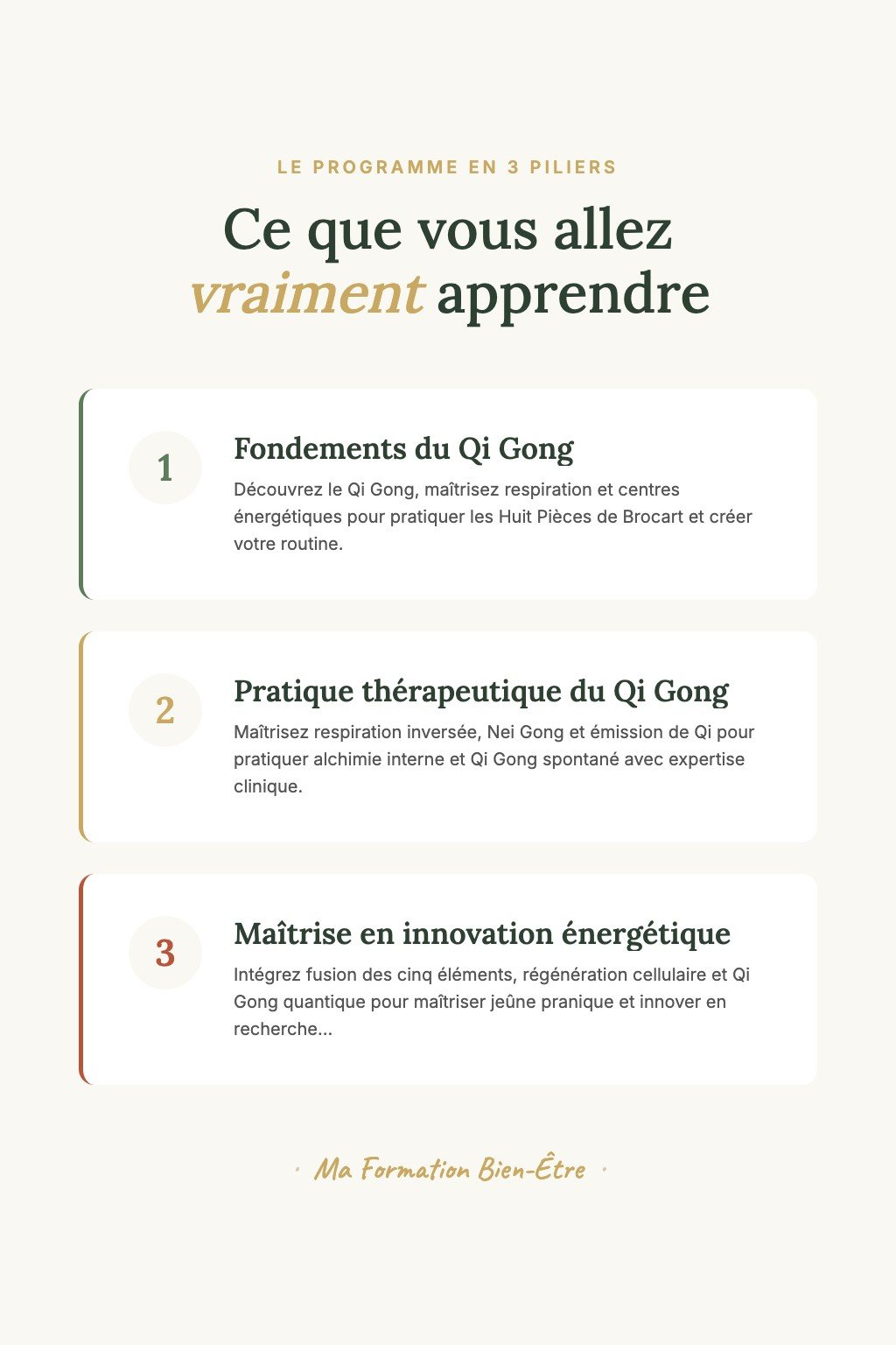 Les 3 piliers du programme · La Voie du Qi Gong — De la Pratique Personnelle à la Maîtrise Thérapeutique