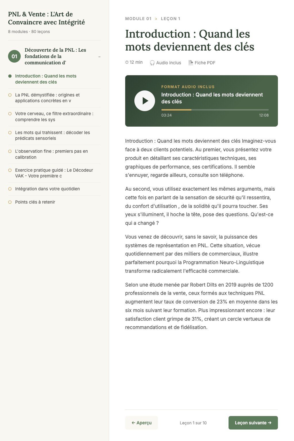 Aperçu d'une leçon · PNL & Vente : L'Art de Convaincre avec Intégrité