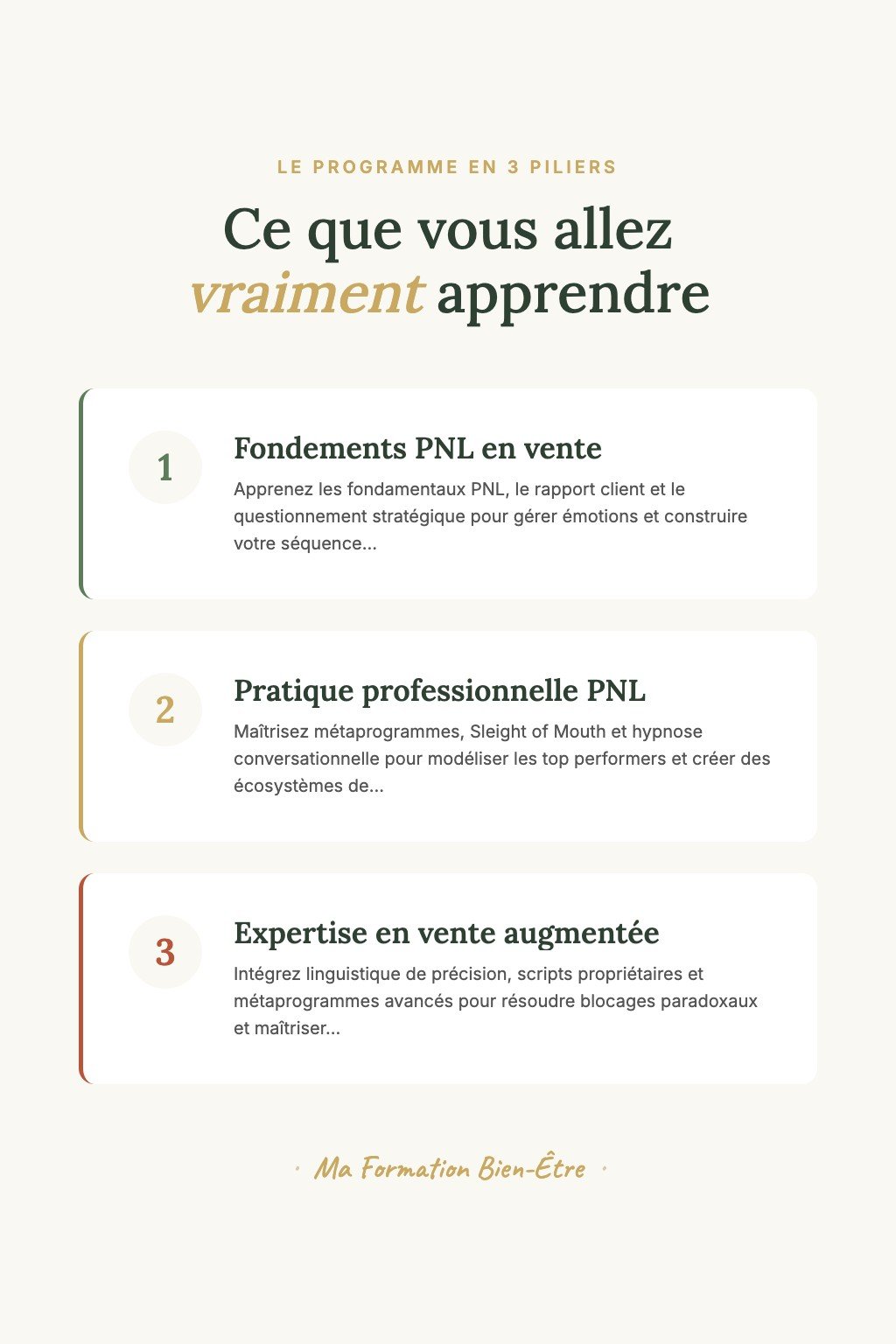 Les 3 piliers du programme · PNL & Vente : L'Art de Convaincre avec Intégrité