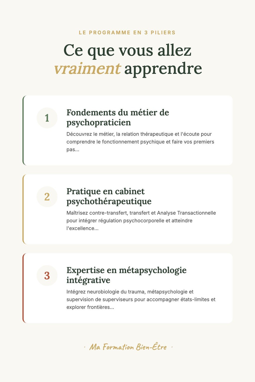 Les 3 piliers du programme · Devenez Psychopraticien Certifié : 24 Modules pour Pratiquer en Cabinet
