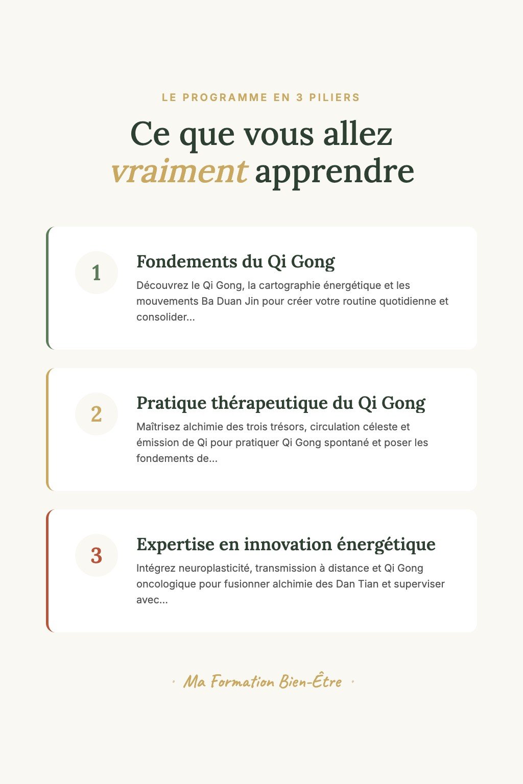 Les 3 piliers du programme · L'Art du Qi Gong — De la Pratique Personnelle à la Transmission Experte