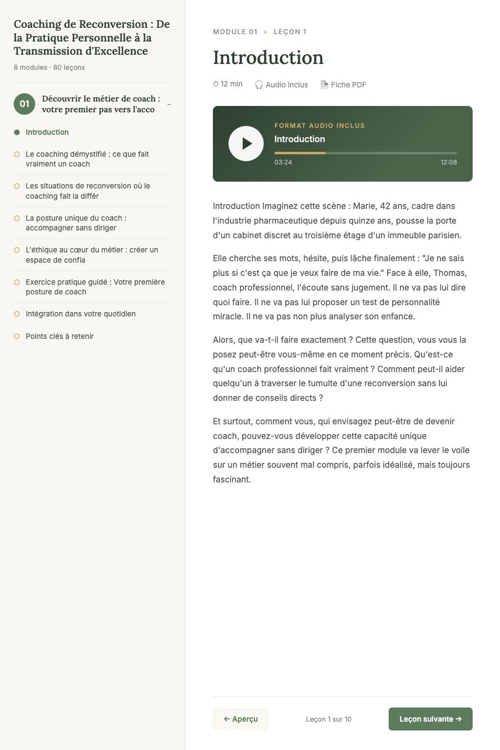 Aperçu d'une leçon · Coaching de Reconversion : De la Pratique Personnelle à la Transmission d'Excellence