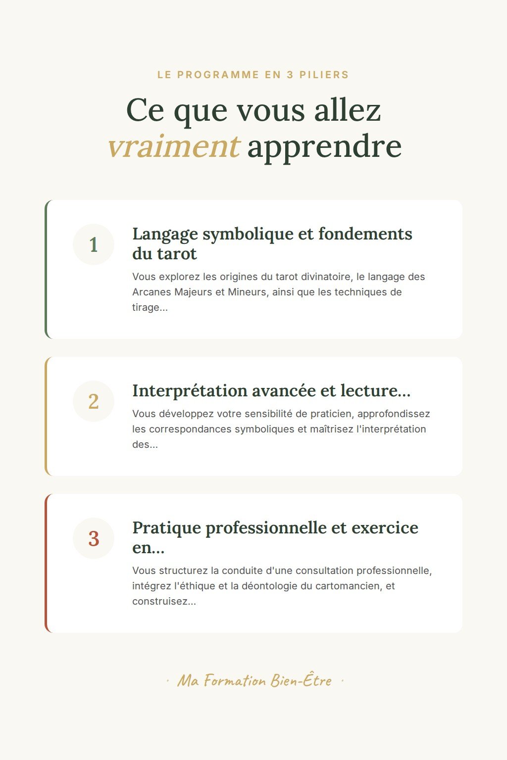 Les 3 piliers du programme · Maîtrisez le Tarot Divinatoire et exercez en cabinet avec autorité