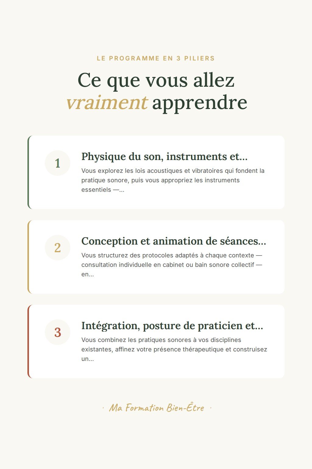 Les 3 piliers du programme · Devenez Praticien Certifié en Pratiques Sonores et Bains Sonores