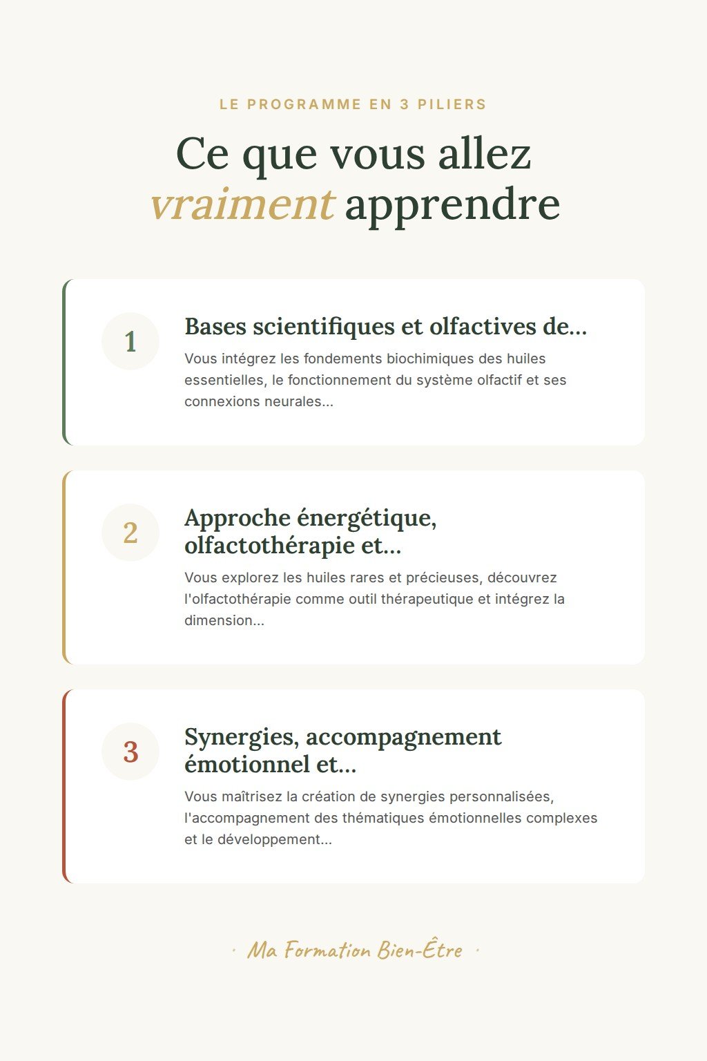 Les 3 piliers du programme · Devenez Praticien Certifié en Aromathérapie Énergétique et Olfactothérapie