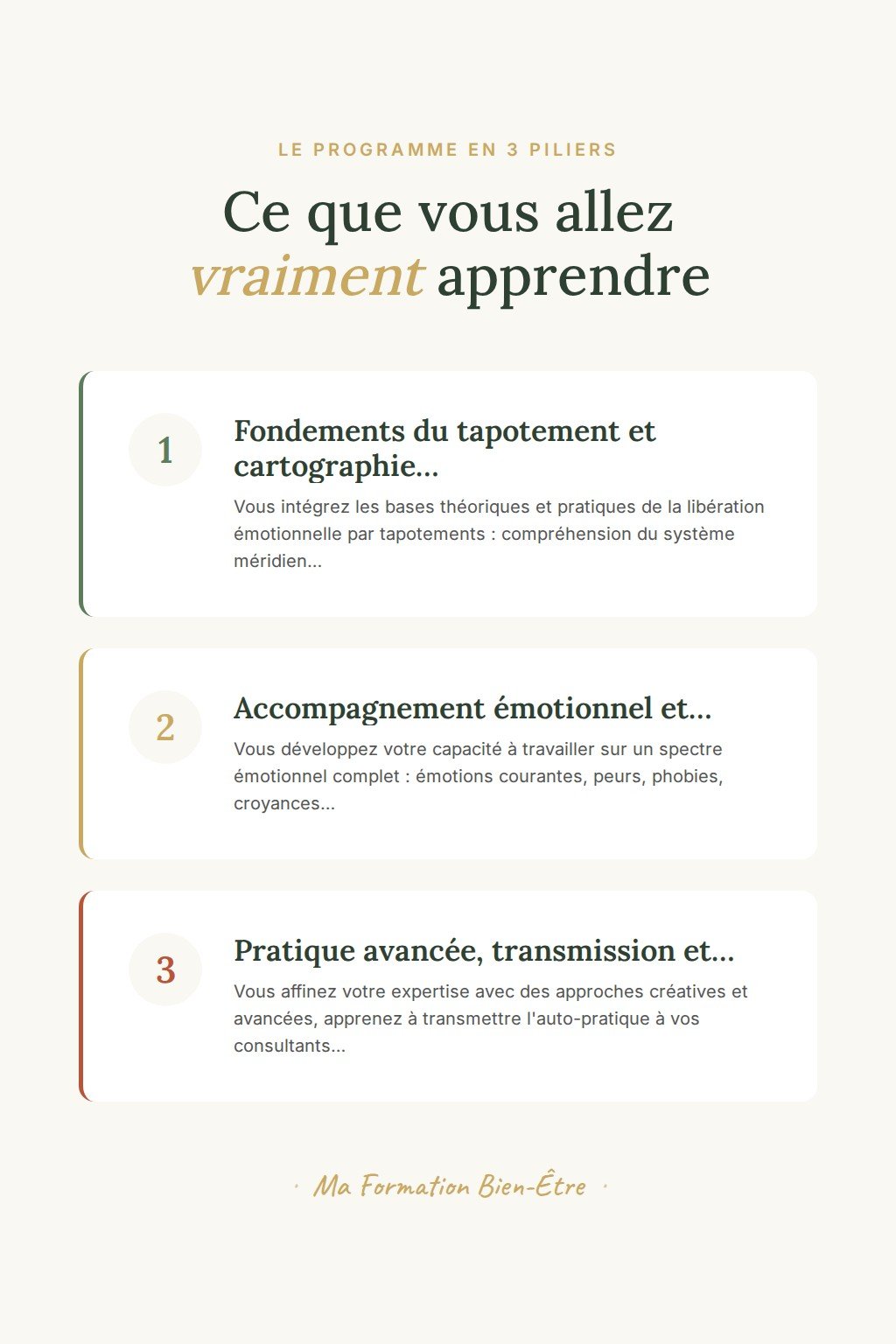 Les 3 piliers du programme · Maîtrisez la libération émotionnelle par tapotements pour exercer en cabinet