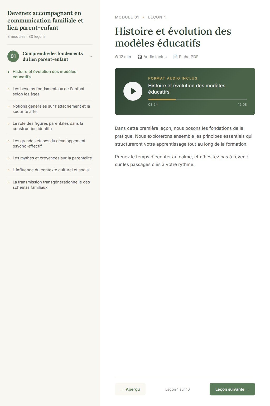 Aperçu d'une leçon · Devenez accompagnant en communication familiale et lien parent-enfant