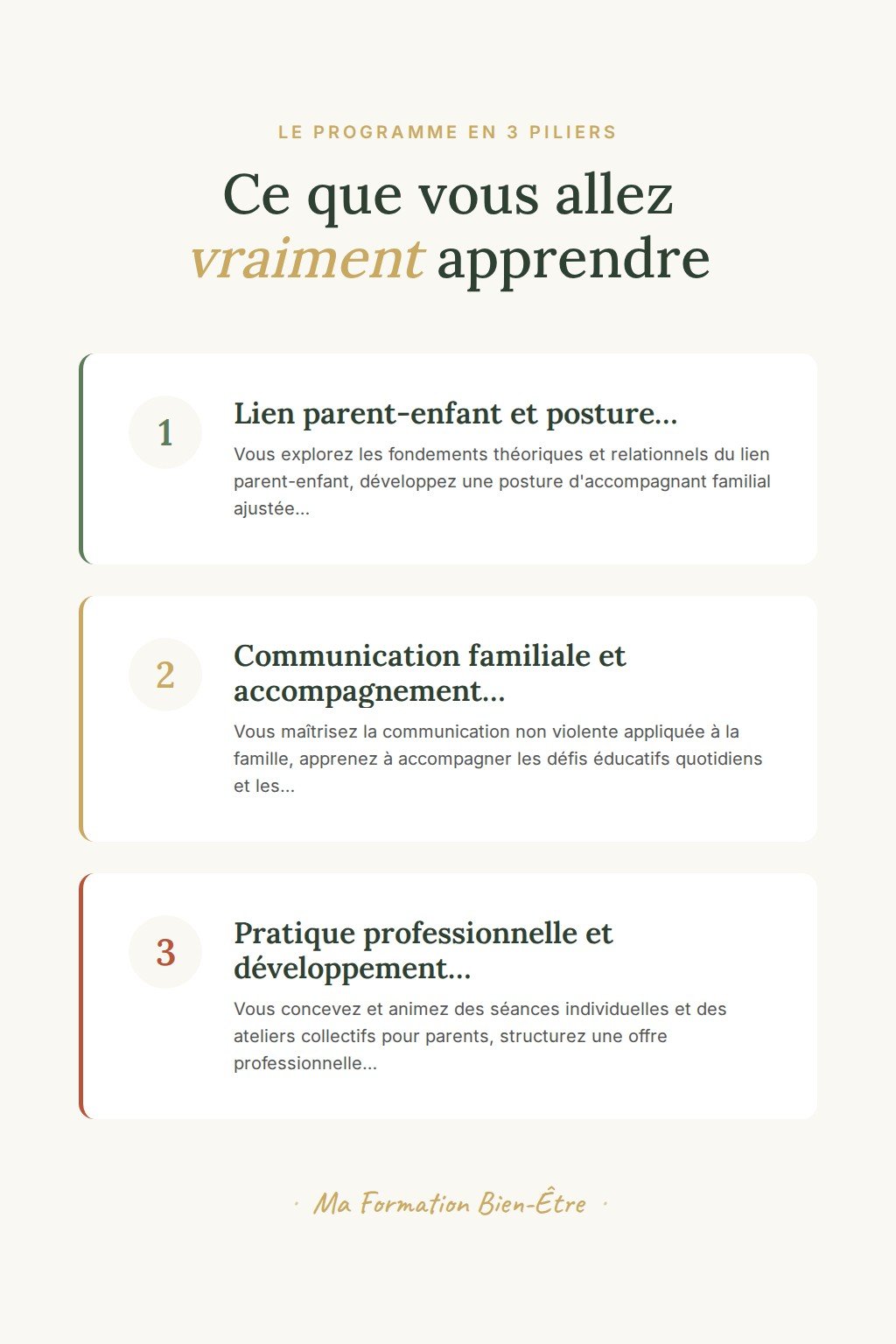Les 3 piliers du programme · Devenez accompagnant en communication familiale et lien parent-enfant