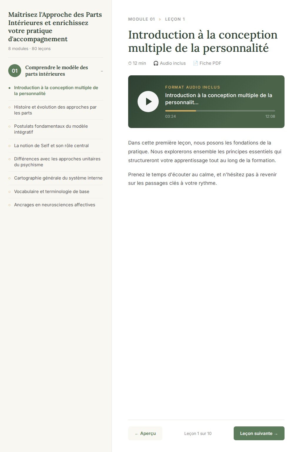Aperçu d'une leçon · Maîtrisez l'Approche des Parts Intérieures et enrichissez votre pratique d'accompagnement