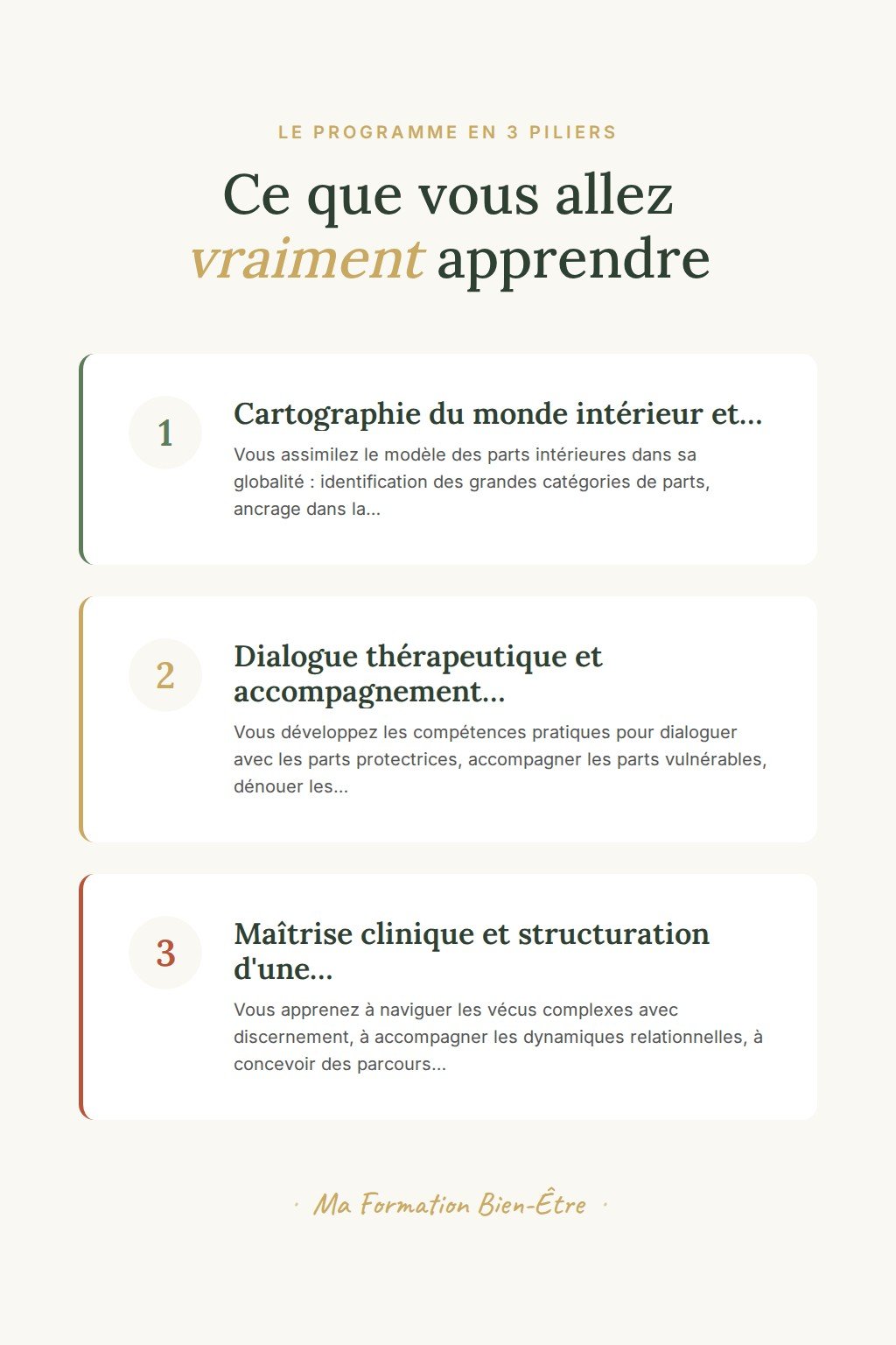 Les 3 piliers du programme · Maîtrisez l'Approche des Parts Intérieures et enrichissez votre pratique d'accompagnement