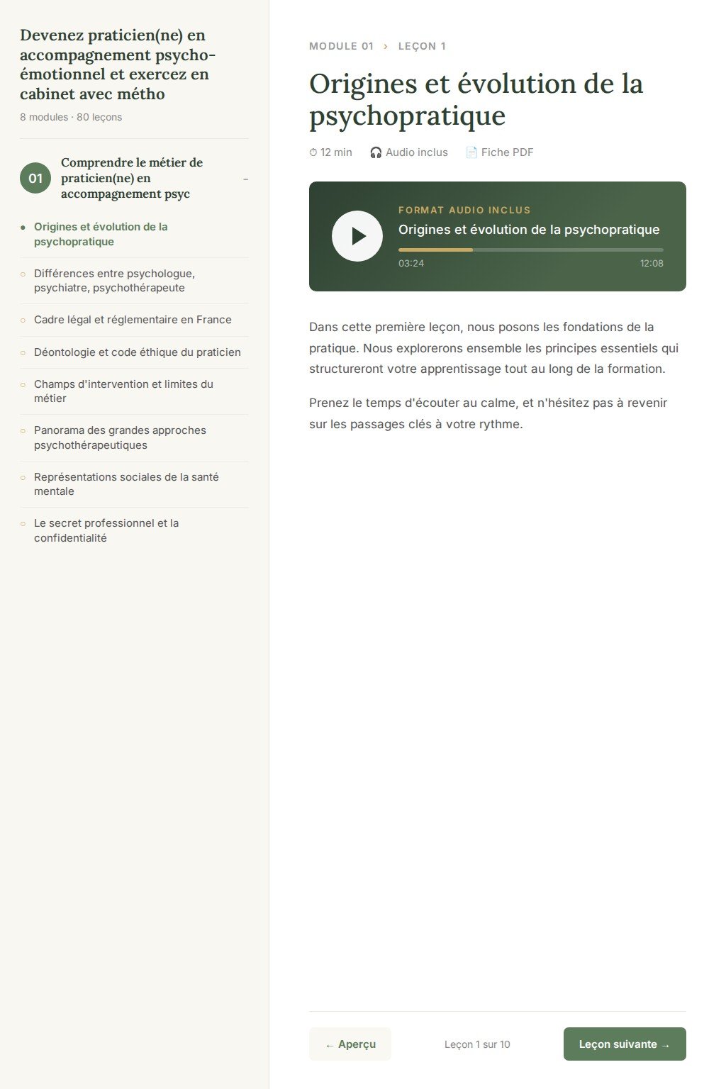 Aperçu d'une leçon · Devenez praticien(ne) en accompagnement psycho-émotionnel et exercez en cabinet avec méthode