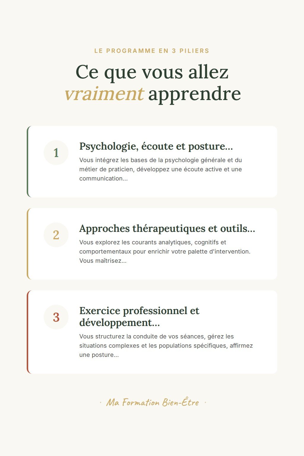 Les 3 piliers du programme · Devenez praticien(ne) en accompagnement psycho-émotionnel et exercez en cabinet avec méthode