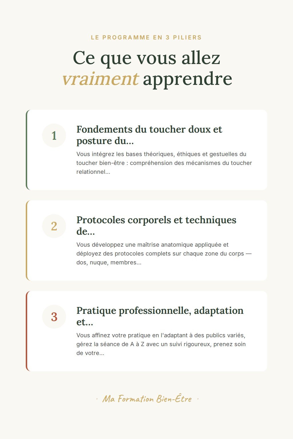 Les 3 piliers du programme · Maîtrisez le Massage Doux Relationnel et exercez en cabinet