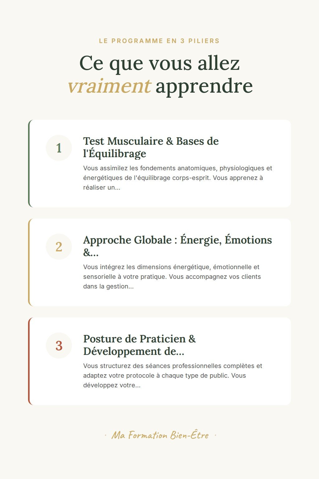 Les 3 piliers du programme · Devenez Praticien en Équilibrage Corps-Esprit par Tests Musculaires